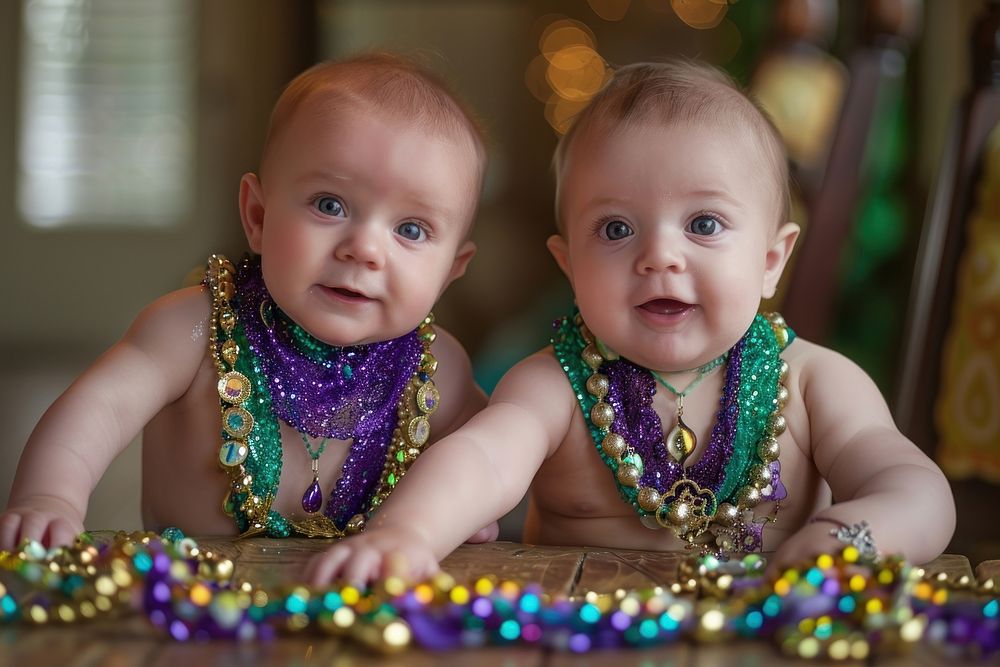 Baby boys in mardi gras necklace portrait jewelry.