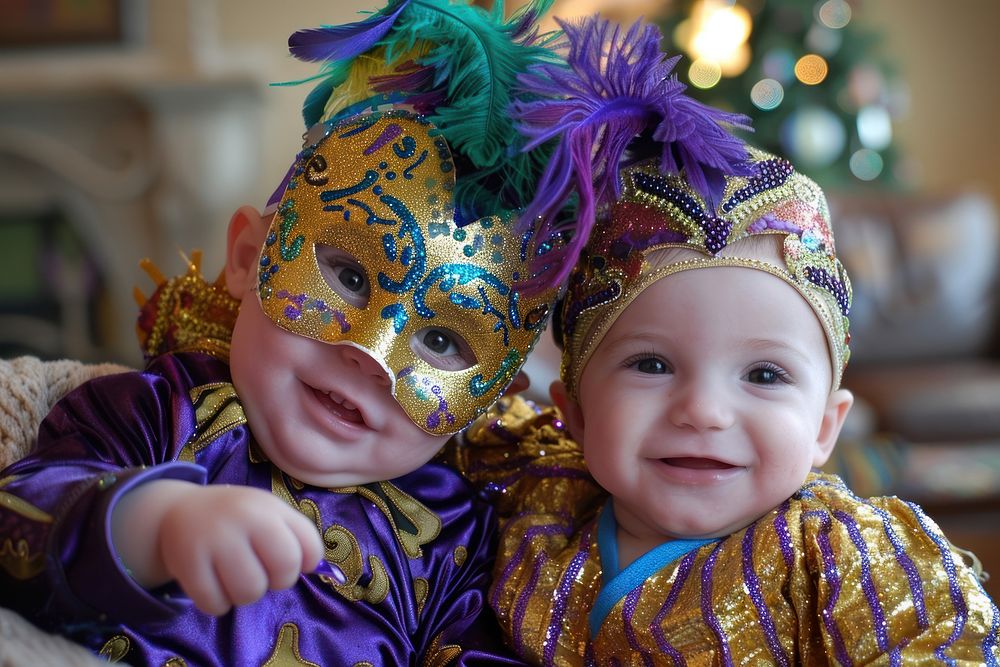 Baby boys in mardi gras mask carnival portrait costume.