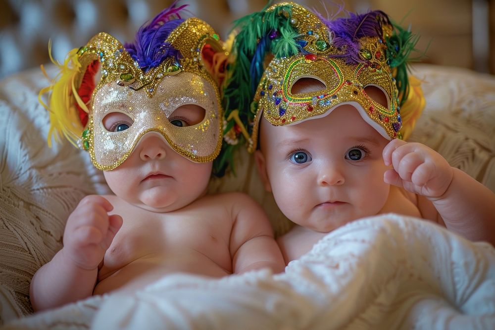Baby boys in mardi gras mask portrait carnival photo.