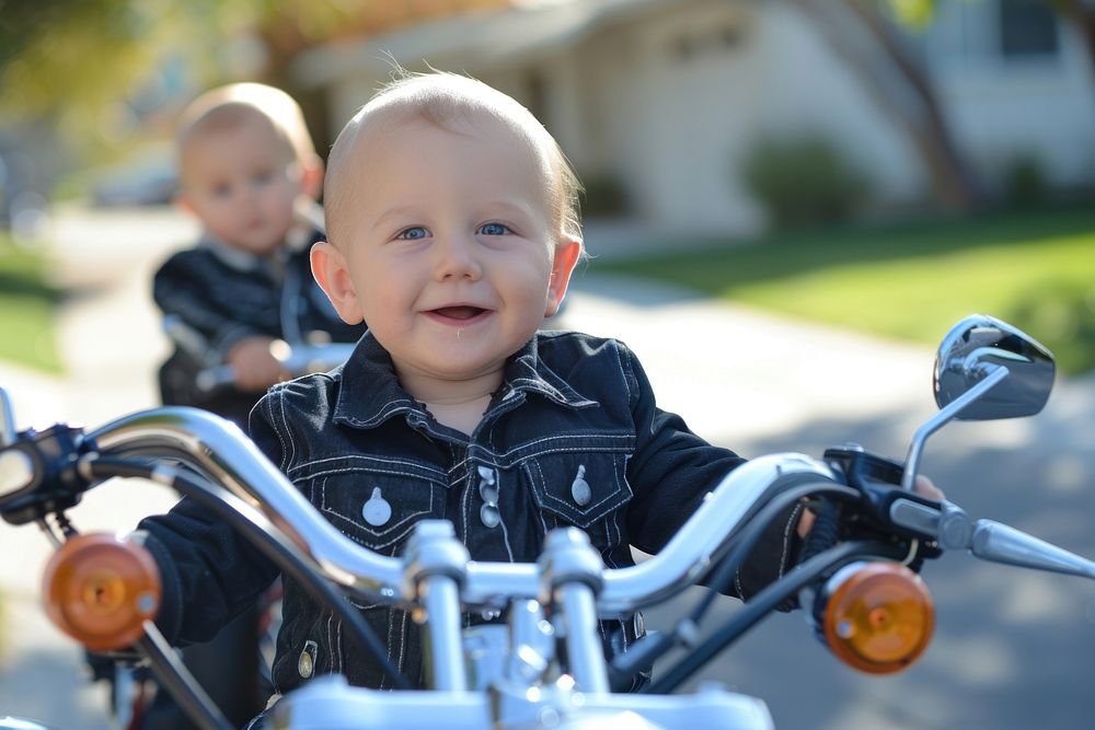 Baby boys riding chopper motorcycle portrait outdoors.