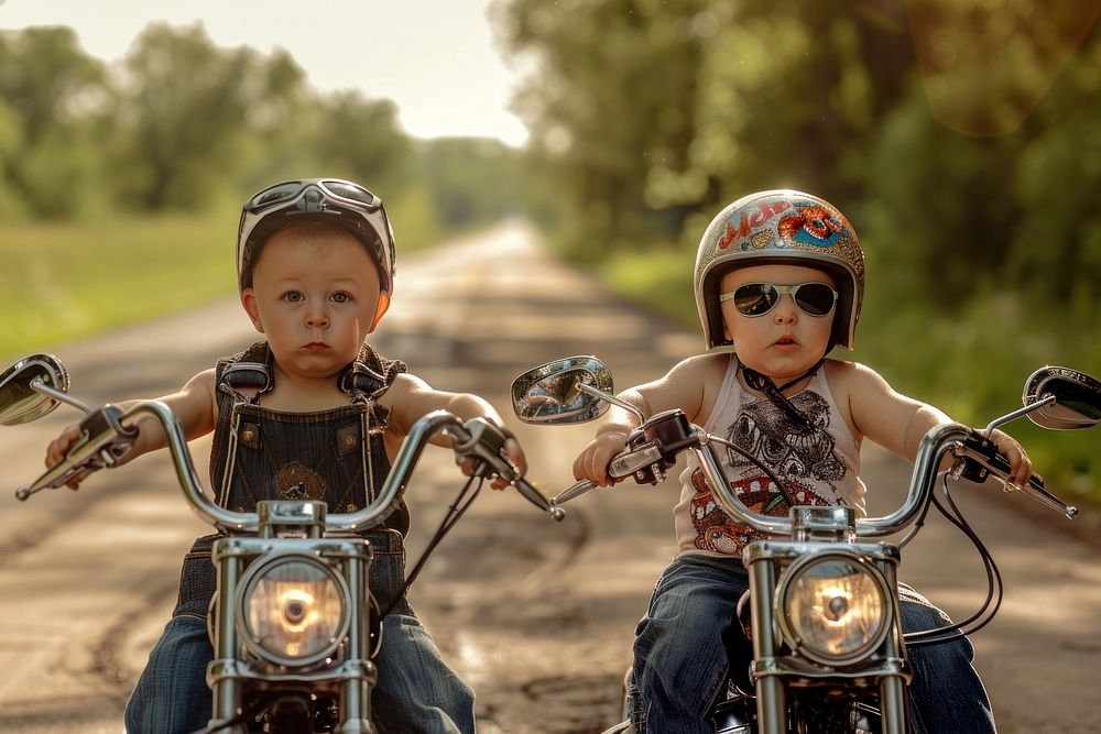 Baby boys riding chopper motorcycle portrait vehicle.