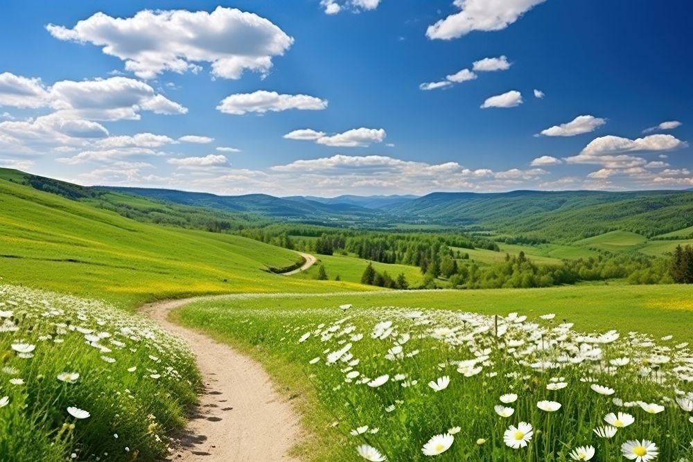 Spring and summer natural panoramic pastoral landscape grass outdoors horizon.
