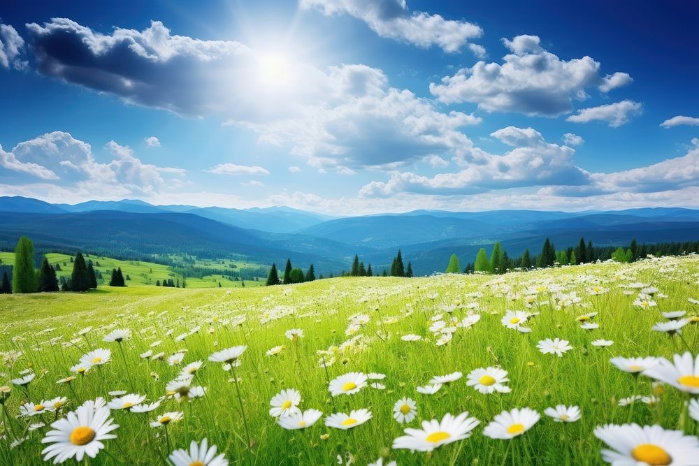Spring and summer natural panoramic pastoral landscape field grass countryside.