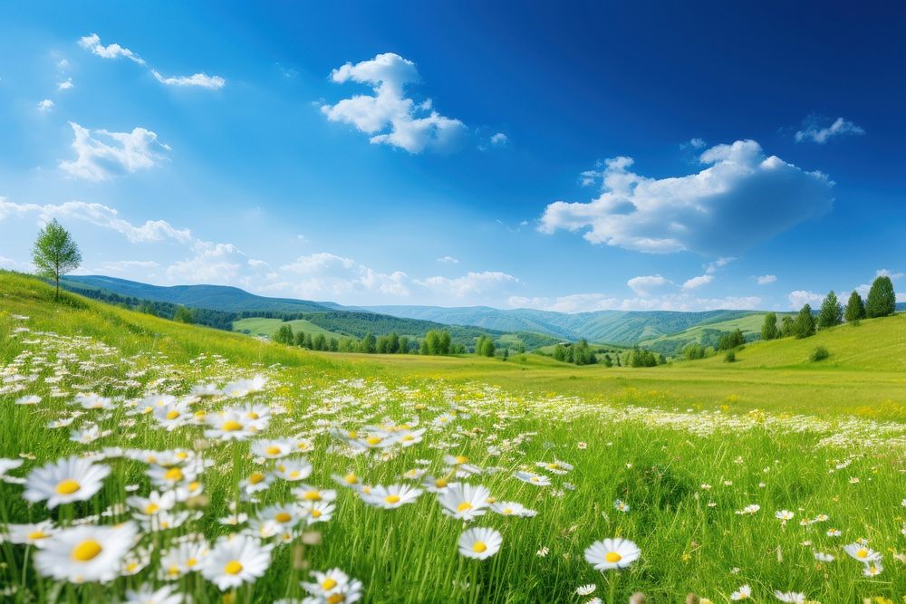 Spring and summer natural panoramic pastoral landscape field grass sky.