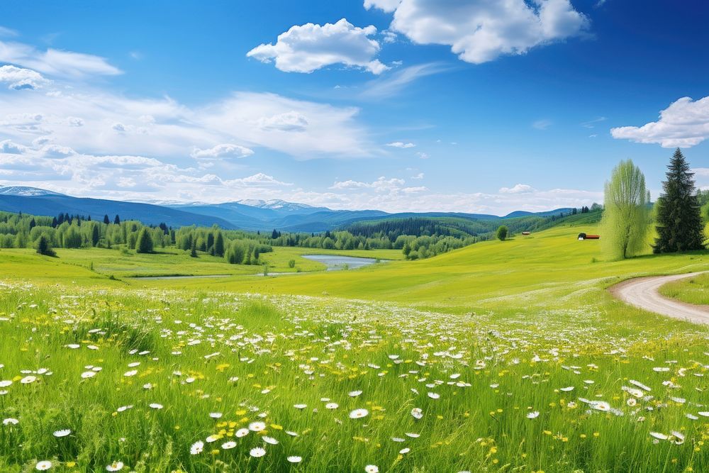 Spring and summer natural panoramic pastoral landscape field grass countryside.