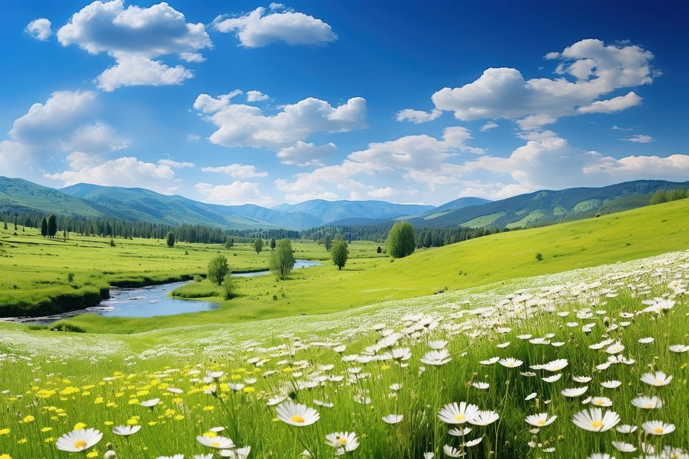 Spring and summer natural panoramic pastoral landscape grass field countryside.