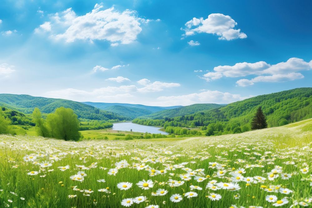 Spring and summer natural panoramic pastoral landscape field grass sky.