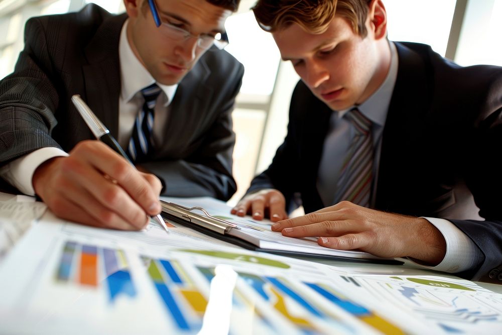 Photo of Business professionals discussing financial strategies planning adult graph.