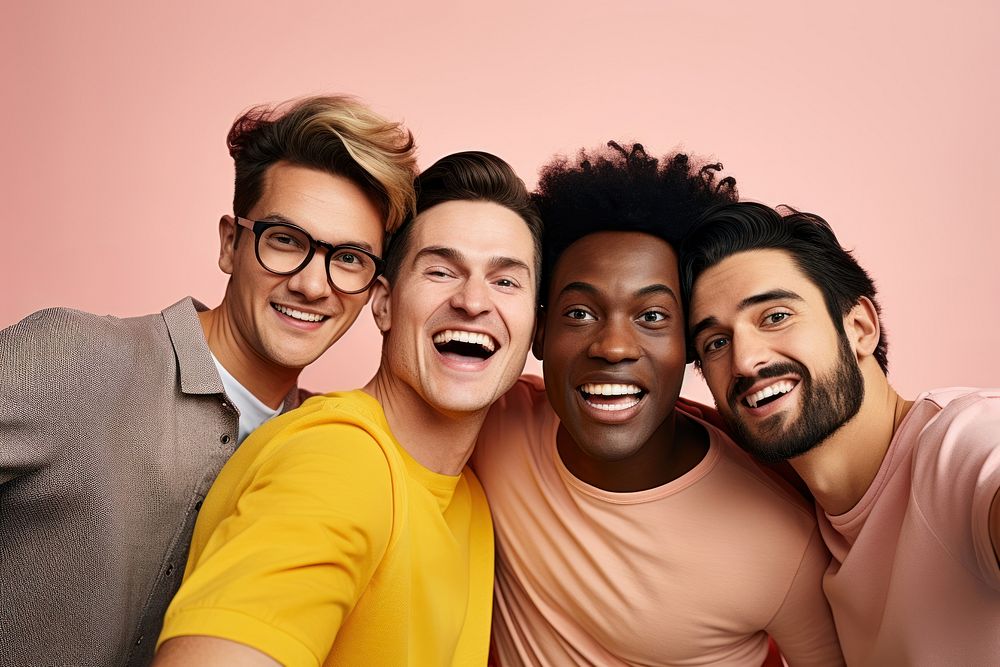 Photo of diverse men laughing portrait selfie.