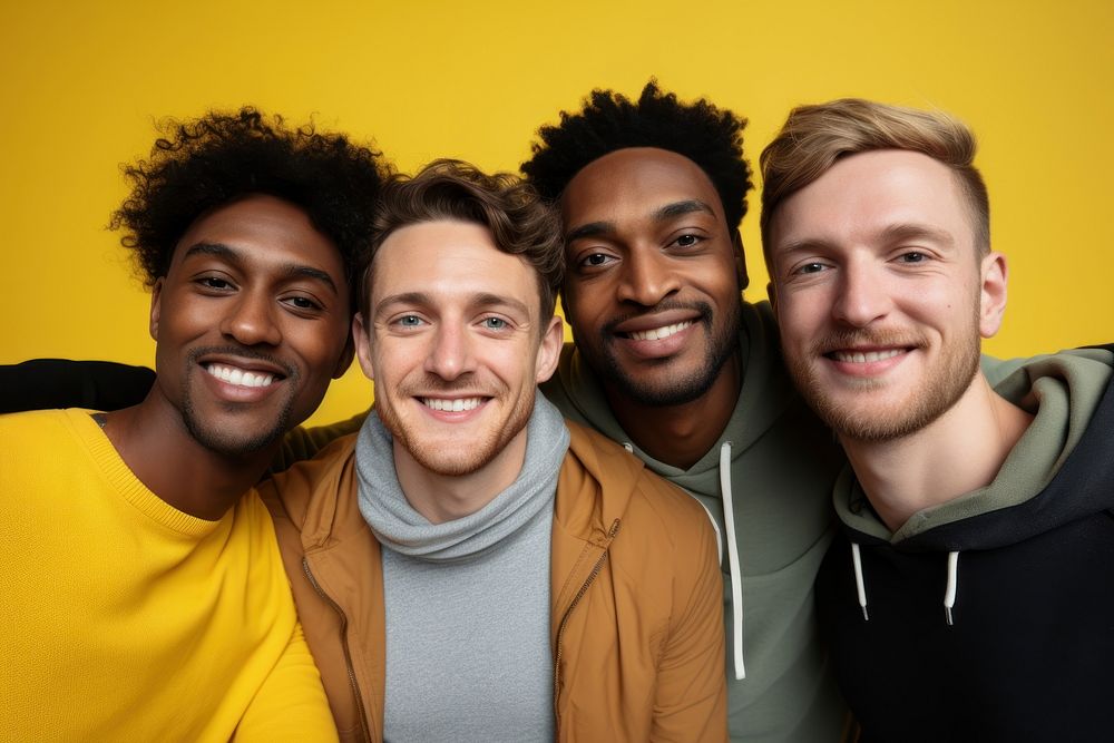 Photo of diverse men portrait laughing selfie.