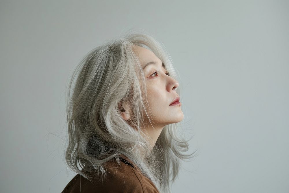 Korean old woman with light blonde long wolf cut hair portrait photography adult.