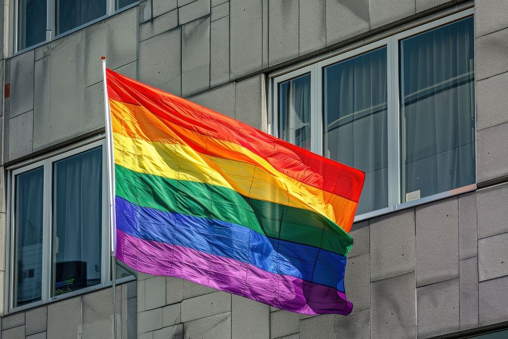 Photo of rainbow flag building pride architecture.