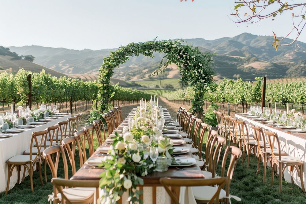 Vineyard wedding outdoors nature table.
