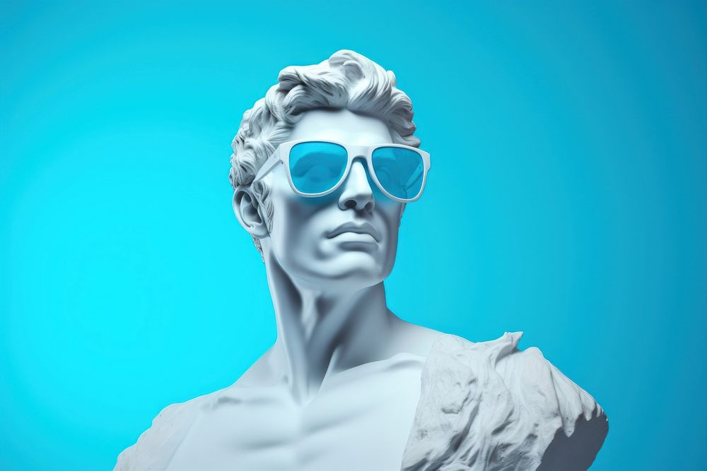 Apollo statue with sunglasses sculpture portrait blue.