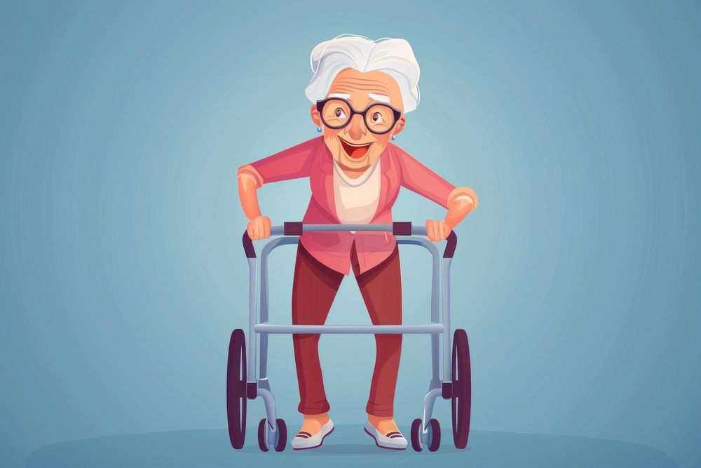 Smiling cartoon retirement wheelchair.