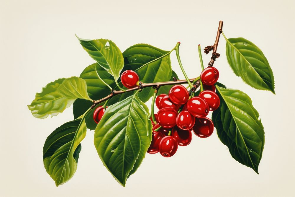 A coffee plant branch with bright green leaves and ripe coffee cherries cherry fruit food.