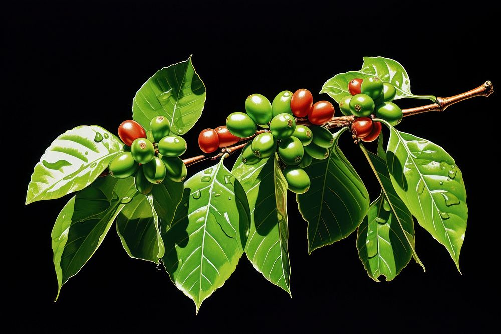 A coffee plant branch with bright green leaves and ripe coffee cherries cherry leaf tree.