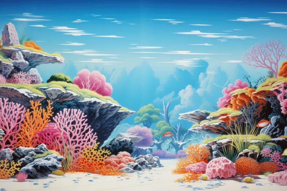 A lively coral reef scene aquarium outdoors nature.