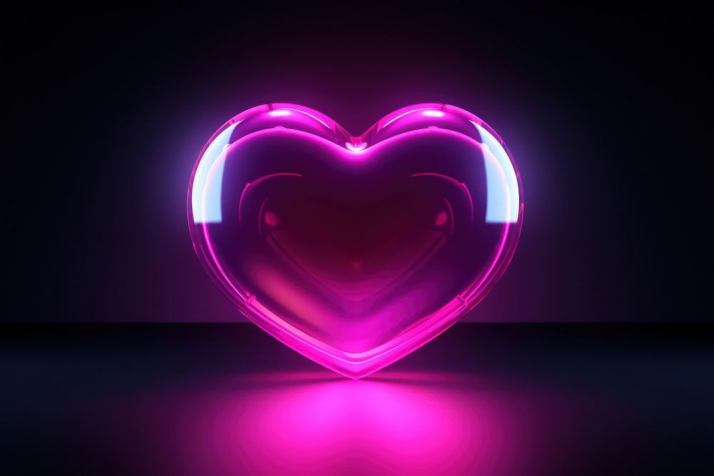 3D render neon heart icon purple pink illuminated.