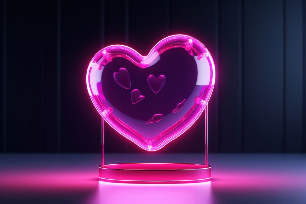 3D render neon heart icon glass pink illuminated.