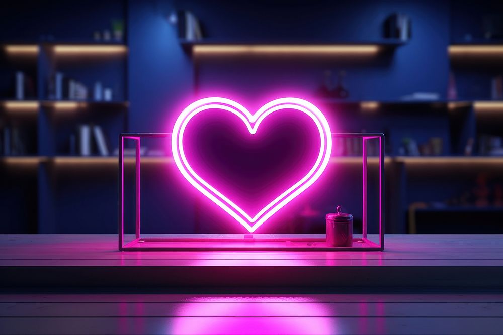 3D render neon heart icon light pink illuminated.