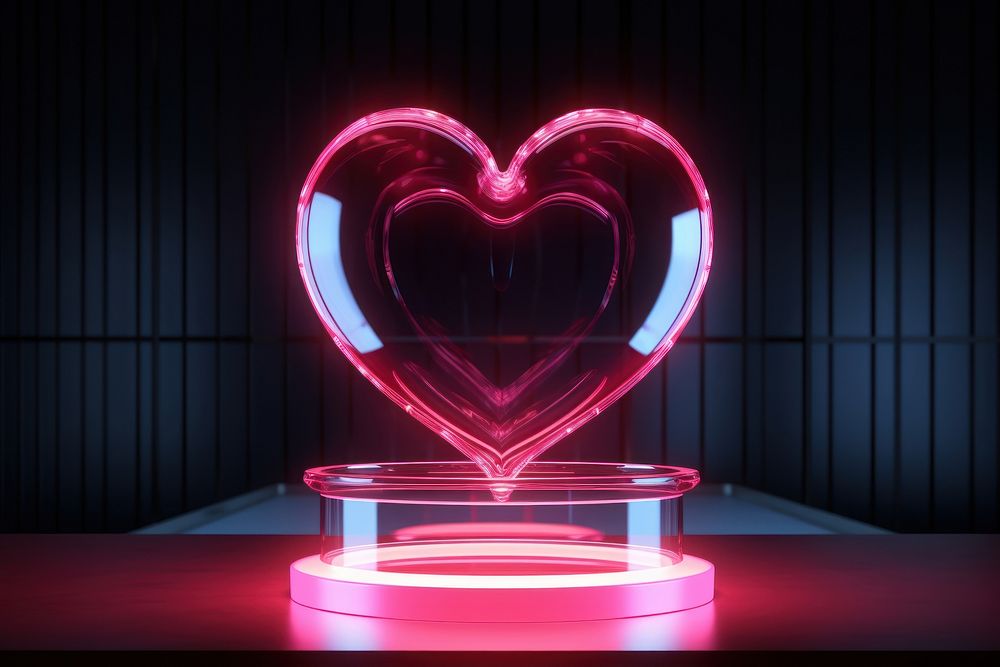 3D render neon heart icon pink illuminated darkness.
