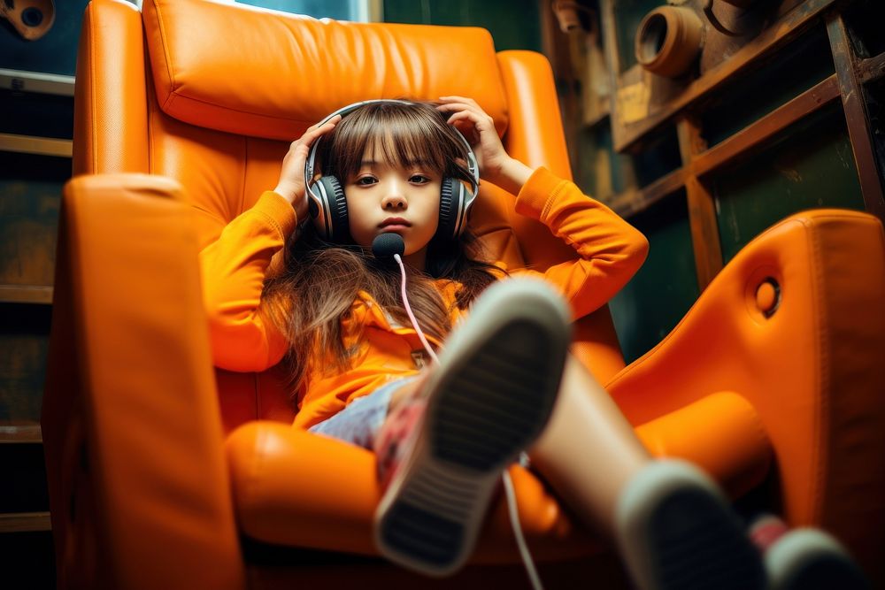 Girl headphones portrait sitting.