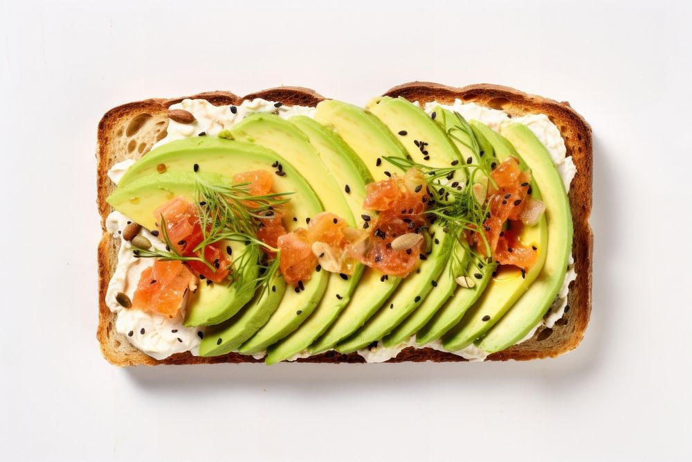 Avocado and salmon toast bread food vegetable.