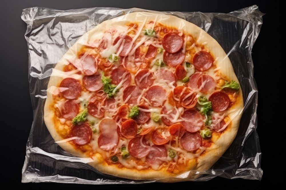 Plastic wrapping over a pizza food prosciutto pepperoni.