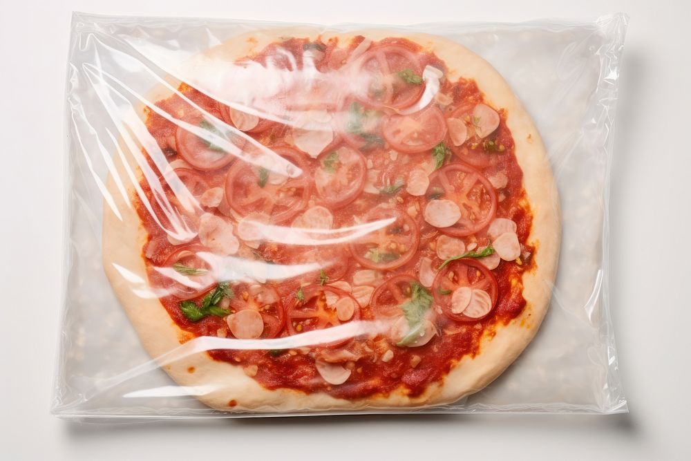 Plastic wrapping over a pizza food pepperoni vegetable.