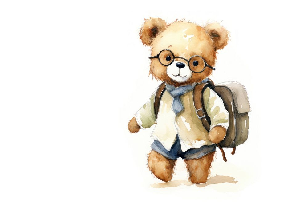 Teddy bear with backpack toy white background representation.