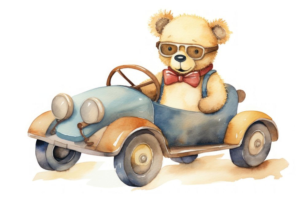 Teddy bear with car toy vehicle white background representation.