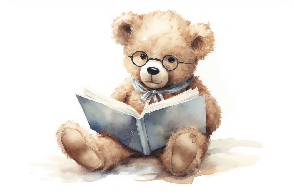 Teddy bear holding a giant book toy white background representation.