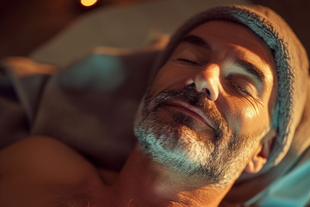 Middle age man relaxing in spa therapy portrait adult beard.