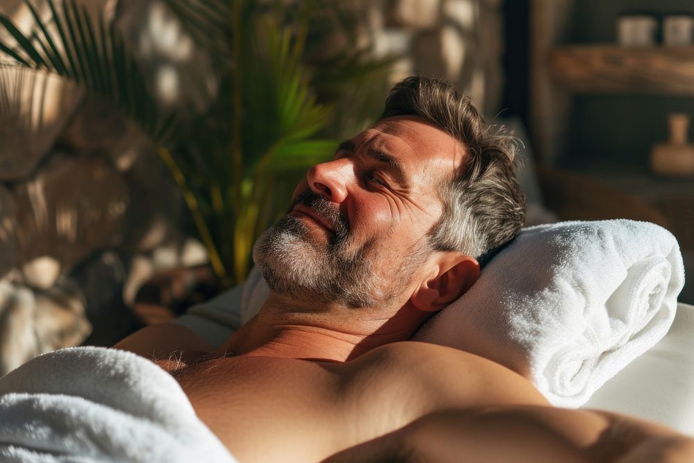 Middle age man relaxing with back massage adult comfortable barechested.