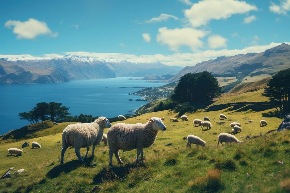 Pasture grazing sheep landscape.