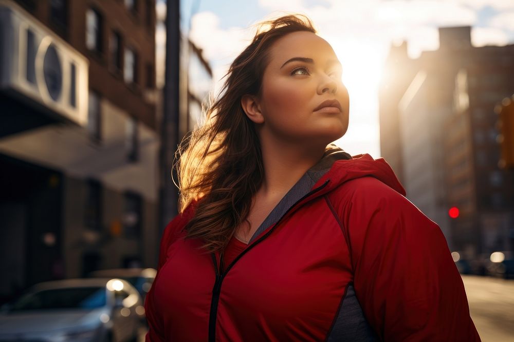 A chubby woman city portrait sunlight.