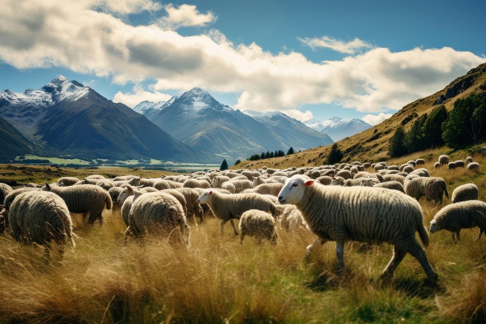 Sheep herd landscape grassland.
