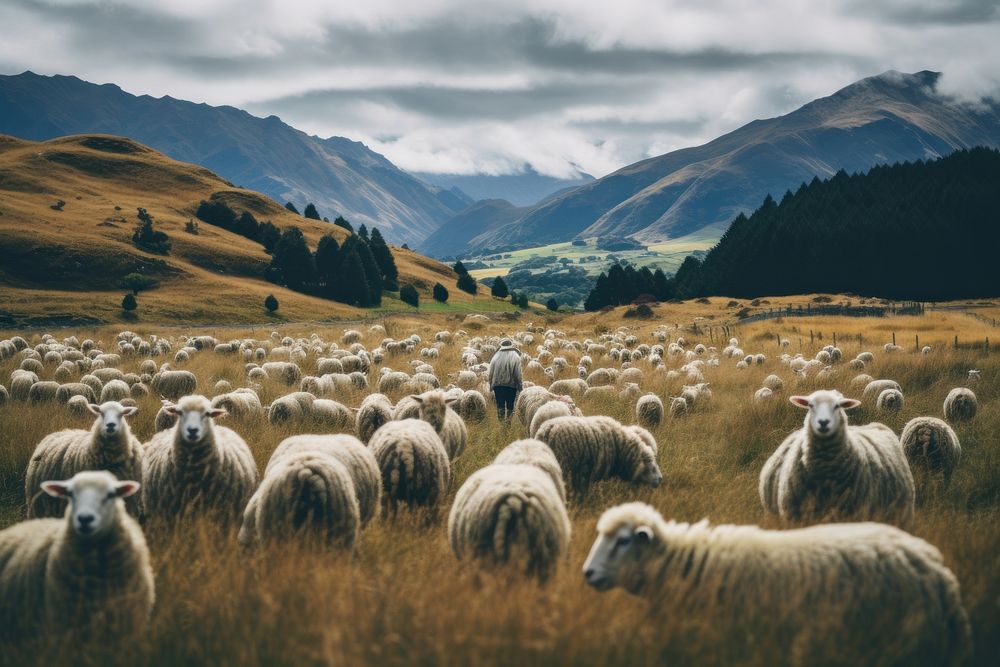 Sheep herd farm landscape.
