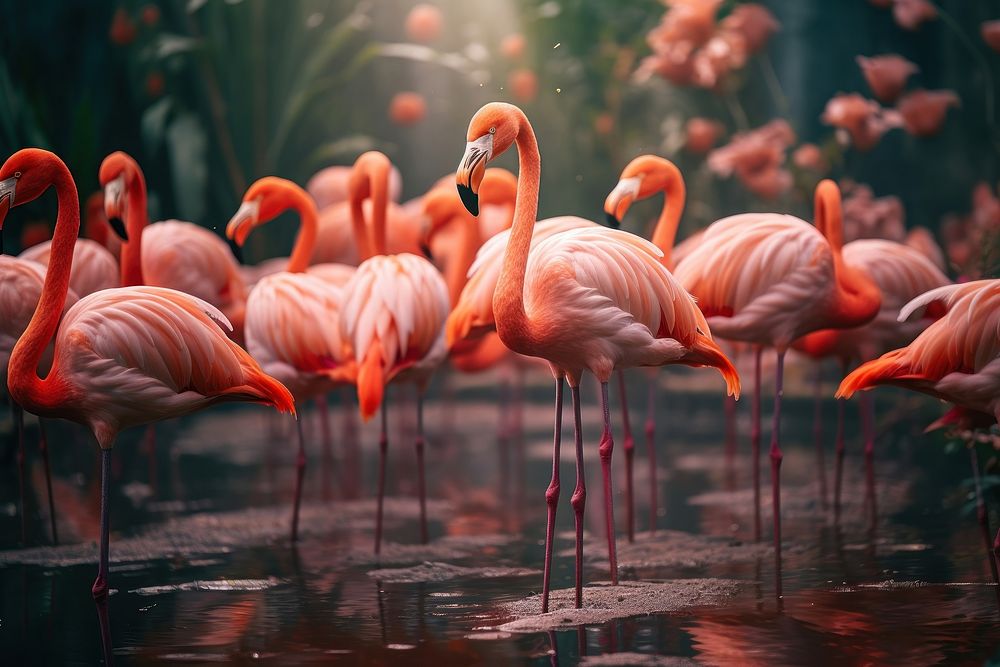 Flamingos animal bird reflection.