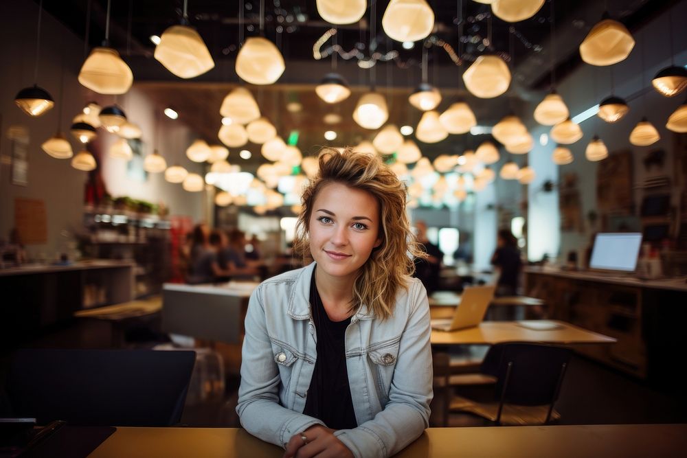 The young female tech entrepreneur restaurant portrait lighting.