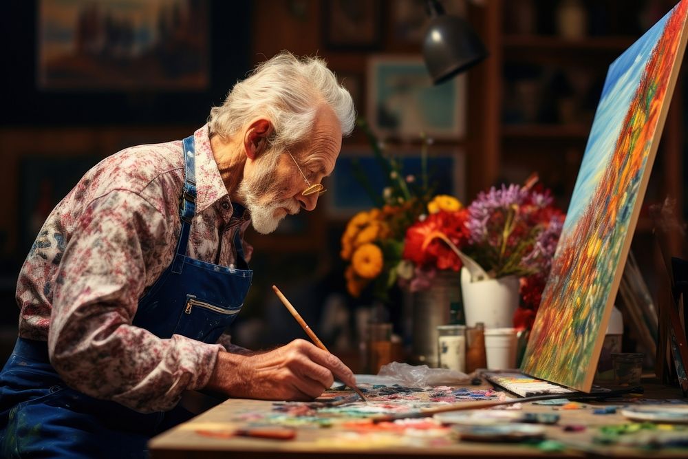 The elderly male artist creativity painting studio.