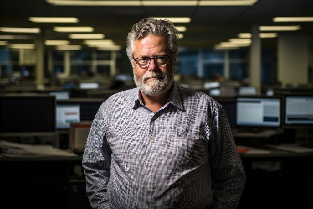 The mature male journalist computer portrait glasses.
