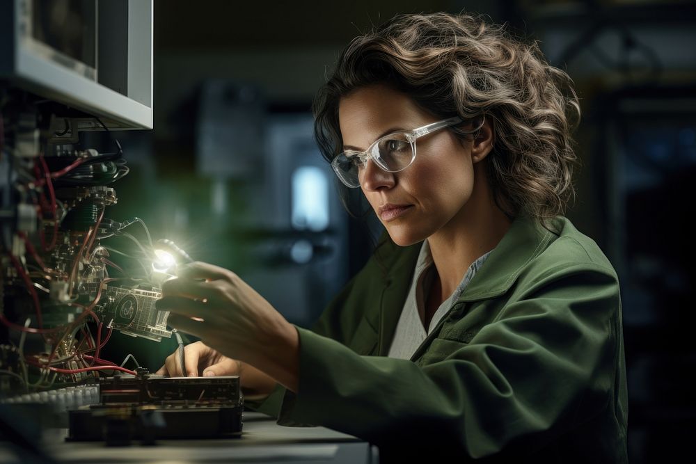 The middle-aged female engineer expertise scientist glasses.