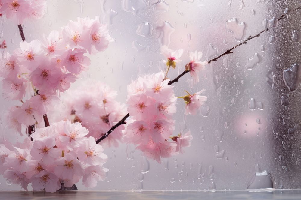 A rain scene with cherry blossom outdoors flower plant.