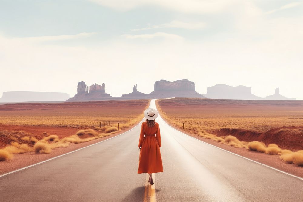 Road walking red hat.