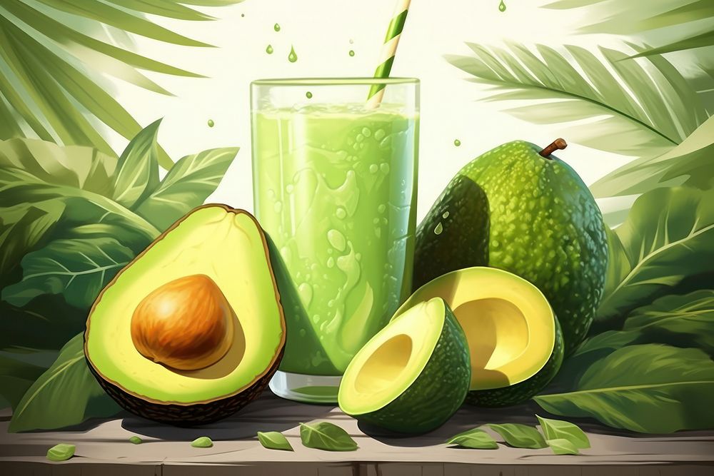 Avocado smoothie drink with avocado and leaf vector fruit plant food.