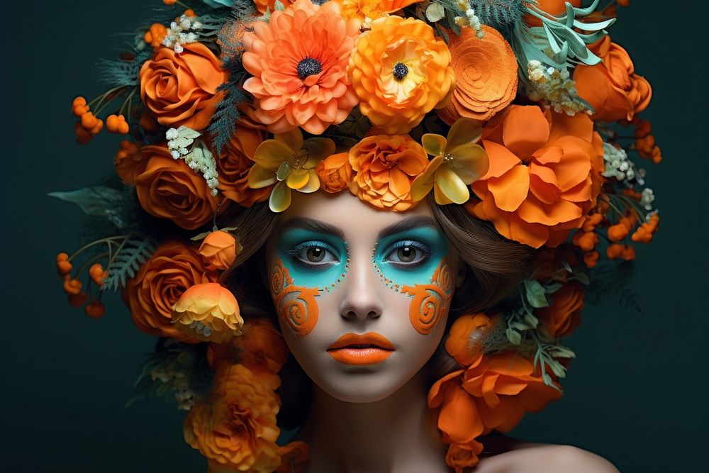 Woman with colorful carnival flower portrait paint.