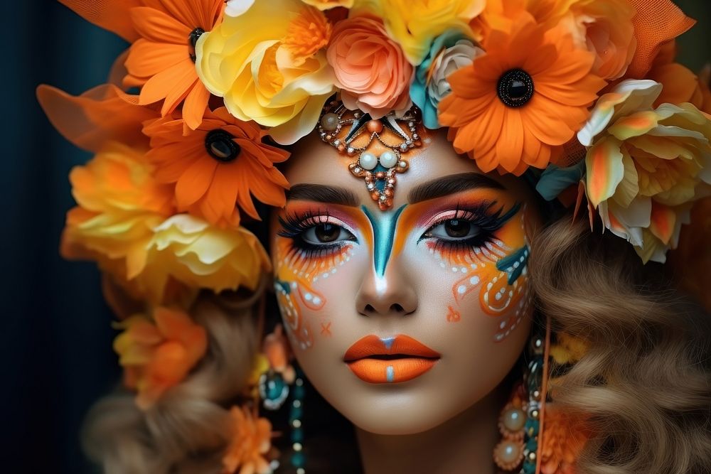 Woman with colorful carnival portrait flower face.
