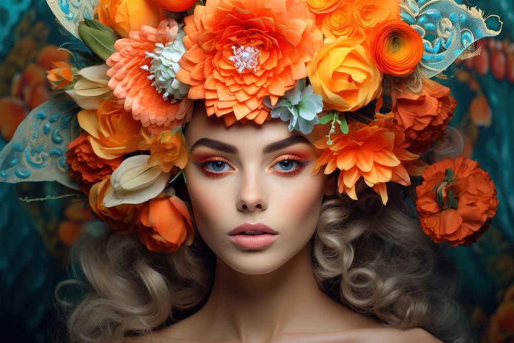 Woman with colorful carnival flower portrait wreath.
